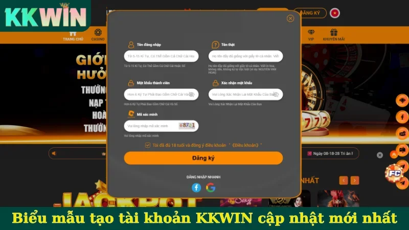 Biểu mẫu tạo tài khoản KKWIN cập nhật mới nhất