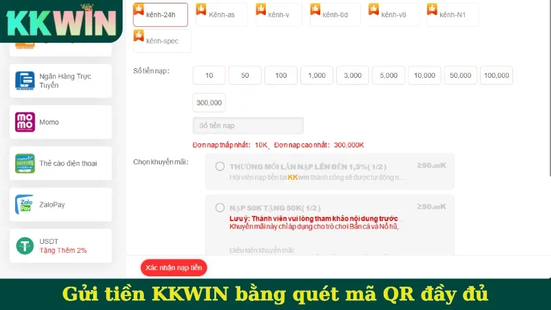 Gửi tiền KKWIN bằng quét mã QR đầy đủ