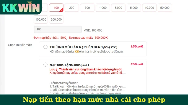Nạp tiền theo hạn mức nhà cái cho phép